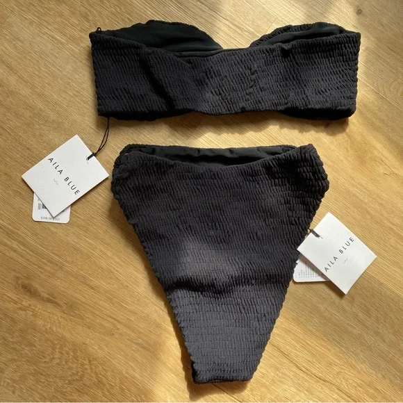 Free People x Aila Blue Daisy Smocked Bikini Black size small